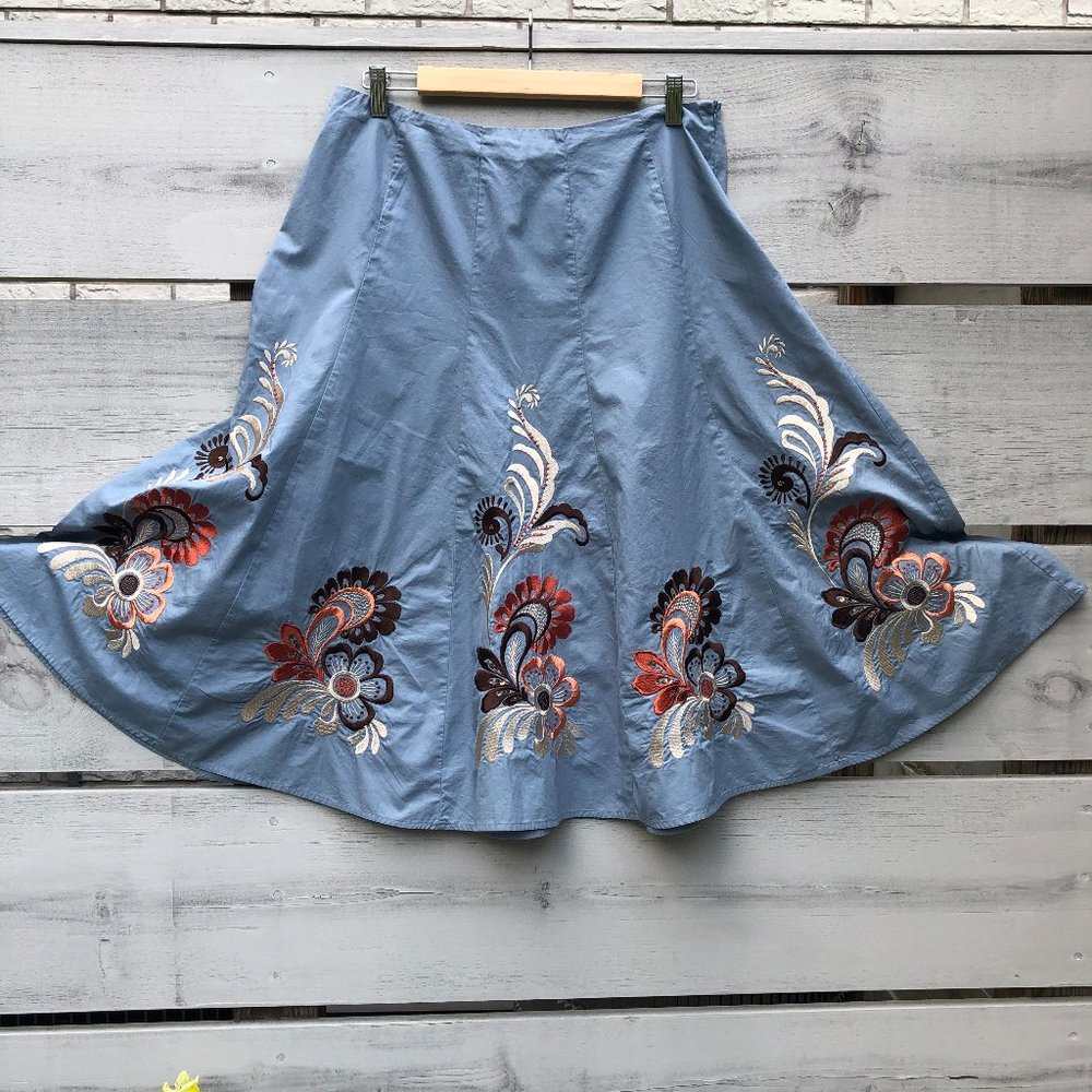 Sunny Leigh Boho Peasant Floral Embroidered Cotton Flared Skirt Cottagecore